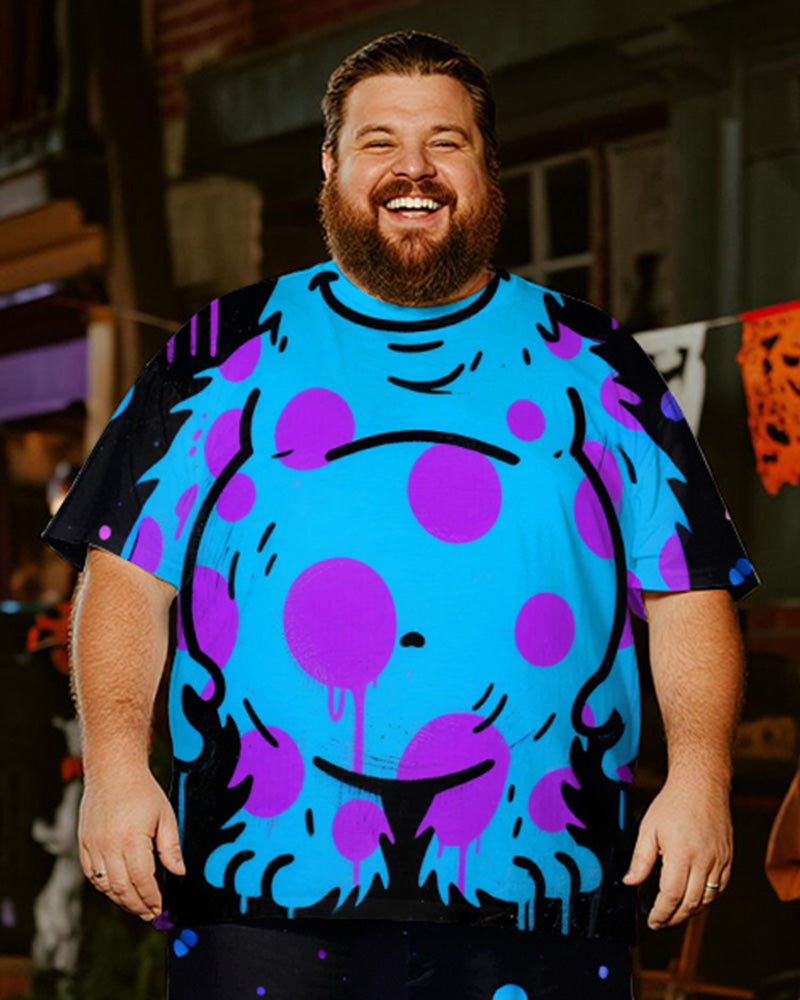 Big & Tall Men's Halloween Blue Polo Dot Plush Graffiti Cosplay Printed T-Shirt Trousers Suit