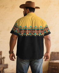 Men's Plus Size Black & Yellow Western Denim Cotton Blend Short Sleeve Shirt