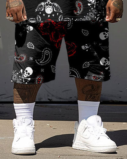 Men's Plus Size Street Hip Hop Rose Skull Paisley Print T-Shirt Shorts Suit