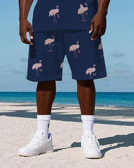 Men's Big Size Cartoon Red-crowned Crane Printed Hawaiian Vest and Shorts Set