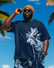 Big & Tall Men's Hawaiian Blue Coconut Print Round Neck Short Sleeve T-Shirt Shorts Suit