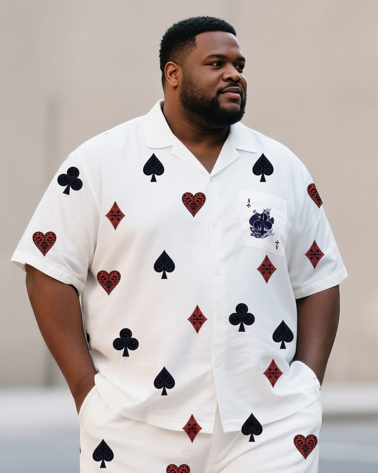 Big & Tall Men's Daily Leisure. Premium Sense Irregular Playing Card Heart Print Shirt Shorts Suit