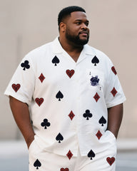 Big & Tall Men's Daily Leisure. Premium Sense Irregular Playing Card Heart Print Shirt Shorts Suit