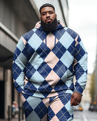 Men's Plus Size Diamond Color Block Casual Hoodie and Sweatpants Two Piece Set