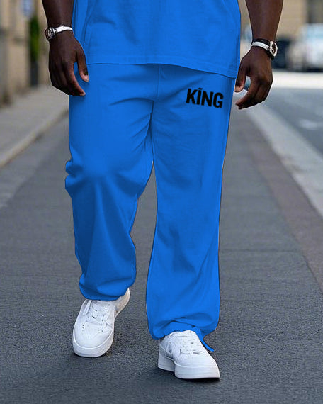 Big Men's Casual Bright Splicing Color Block Letter KING Printed Short Sleeve T-shirt Pants Set