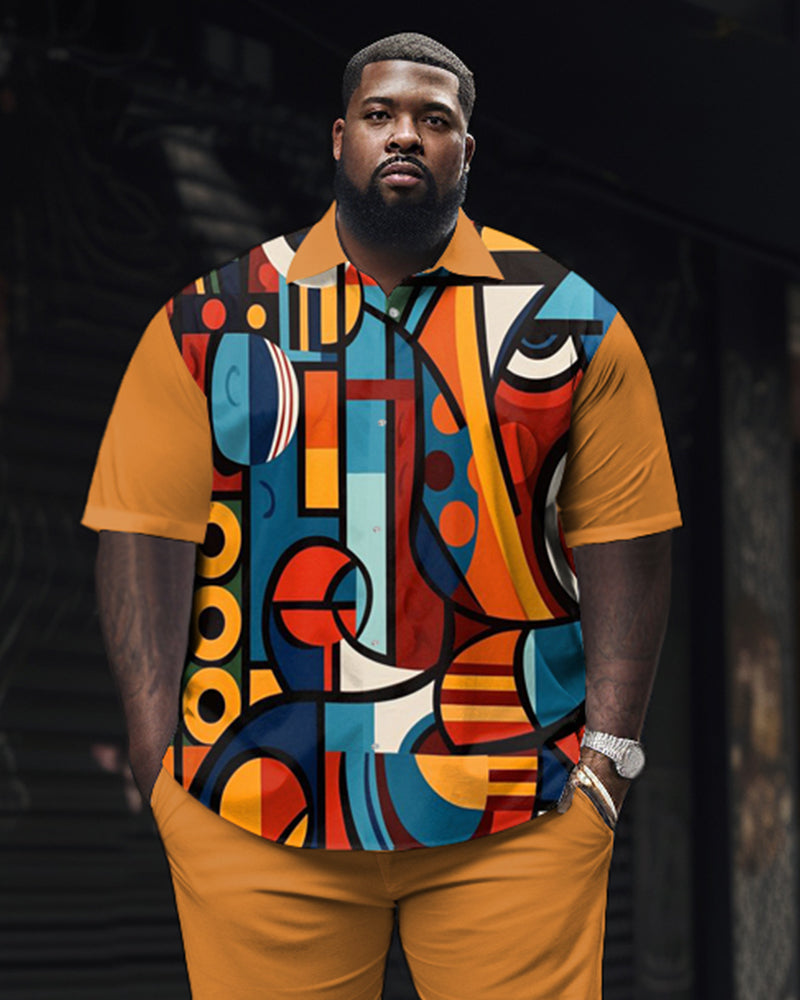 Colored Irregular Puzzle Printed Large Men's Short Sleeved Shirt Set