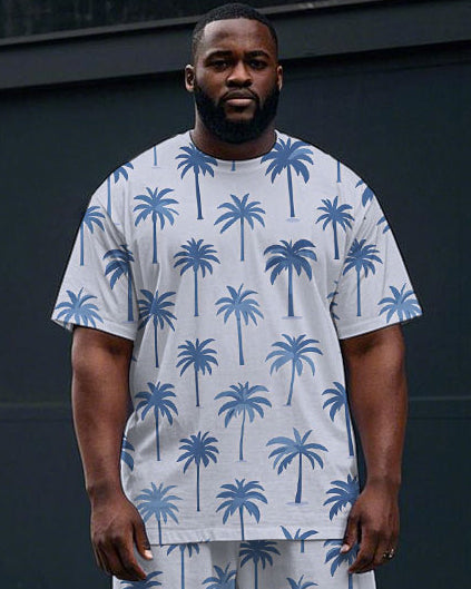 Men's Big Size Hawaiian Style Coconut Trees All Over Printed Short Sleeve T-shirt and Shorts Set