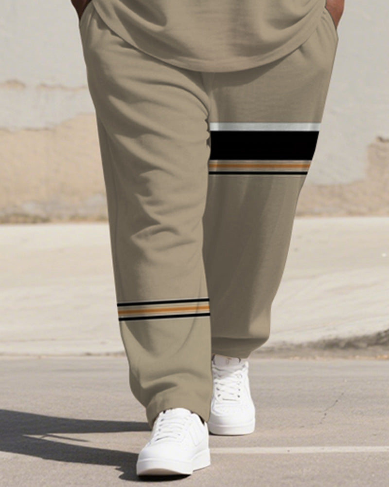 Men's Plus Size Khaki Color-block Line Print Henry Collar T-shirt Trousers Suit
