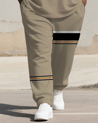 Men's Plus Size Khaki Color-block Line Print Henry Collar T-shirt Trousers Suit