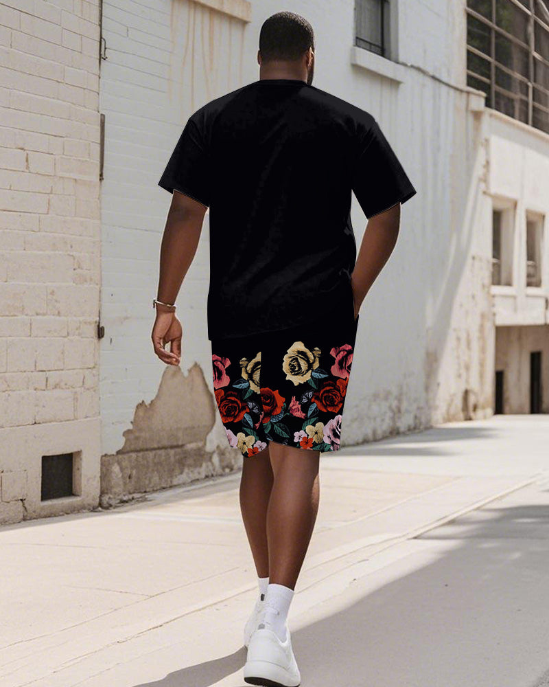 Men's Plus Size Street Graffiti Rose Print Round Neck Short Sleeve T-Shirt Shorts Suit