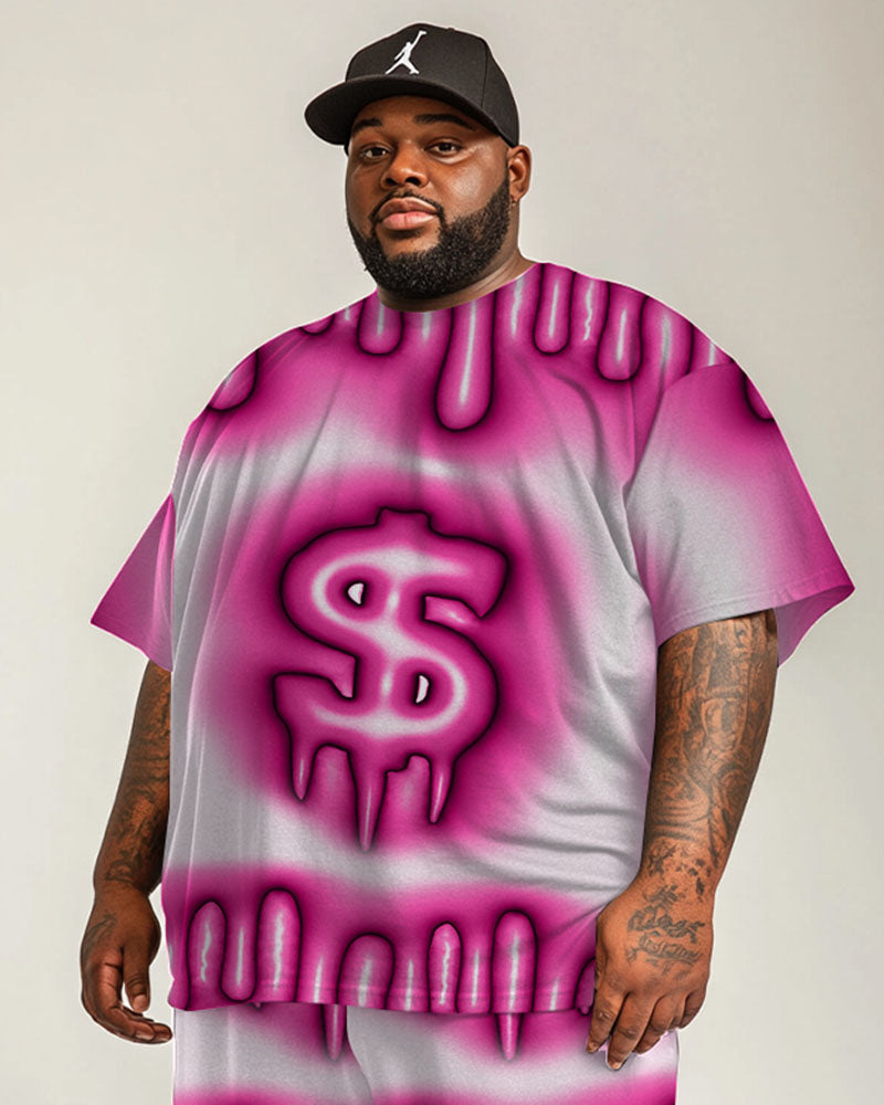 Men's Plus Size Street Hip Hop Pink Gradient Symbol Print Short Sleeve T-Shirt Shorts Suit