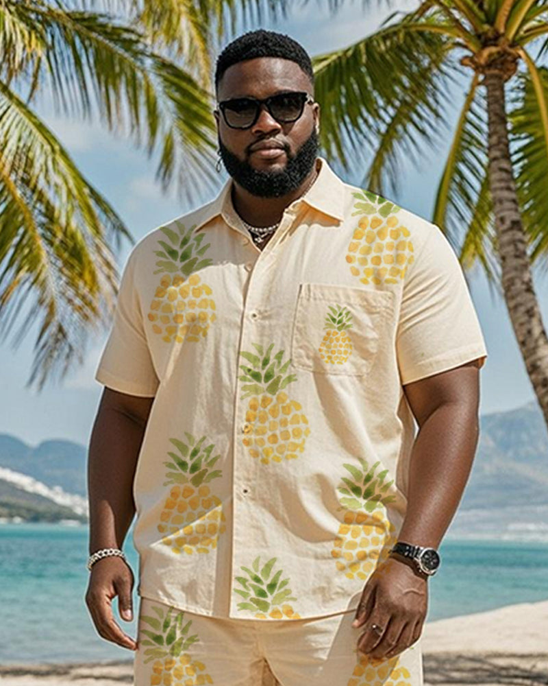 Big & Tall Men's Hawaiian Holiday Yellow Pineapple Print Pocket Shirt Shorts Suit