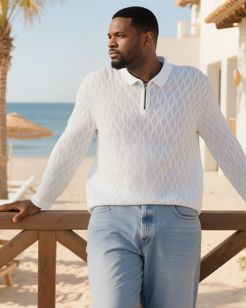 Big & Tall Men's White-Autumn And Winter Jacquard Texture Knitted Fabric Metal Zipper Long Sleeve POLO Shirt
