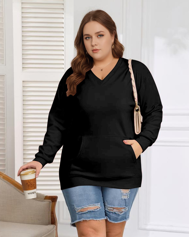 Women's Big And Tall Solid Color V-Neck Kangaroo Pocket Pullover Sweatshirt