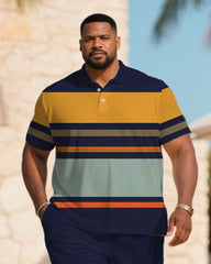 Big & Tall Men's Summer Dark Blue Striped Polo Short Sleeve Shirt Shorts Suit