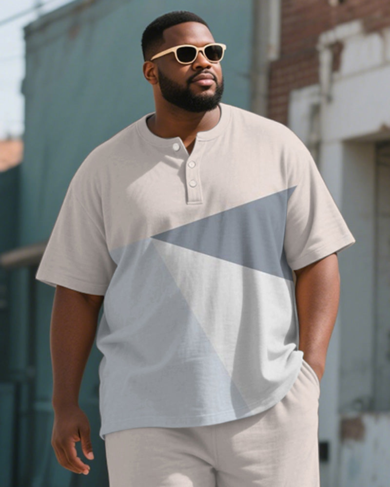 Men's Plus Size Blue Apricot Colorblock Printed Henley Collar T-Shirt Trousers Suit