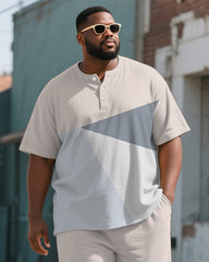 Men's Plus Size Blue Apricot Colorblock Printed Henley Collar T-Shirt Trousers Suit