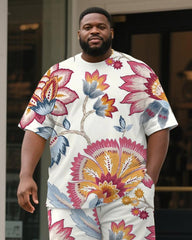 Big & Tall Men's White Floral Print Round Neck Short Sleeve T-Shirt Shorts Suit