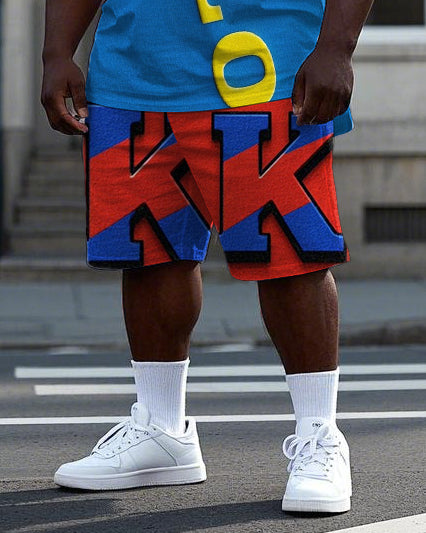 Big Men's Red & Blue Color Block Splicing Letter POLO K Printed Short Sleeve T-shirt Shorts Set