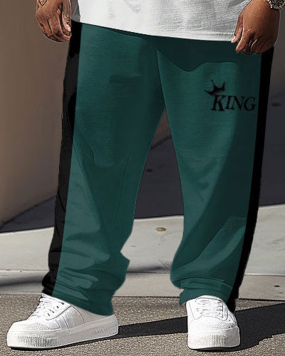 Street Green Color Block King Letter Print Big & Tall Men's Set