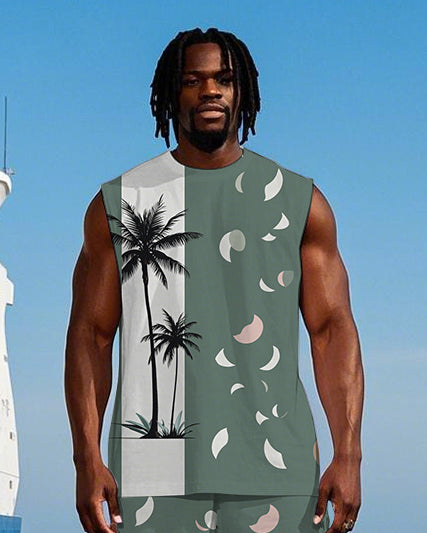 Big Men's Splicing Coconut Trees and Petals Printed Hawaiian Vest and Shorts Set