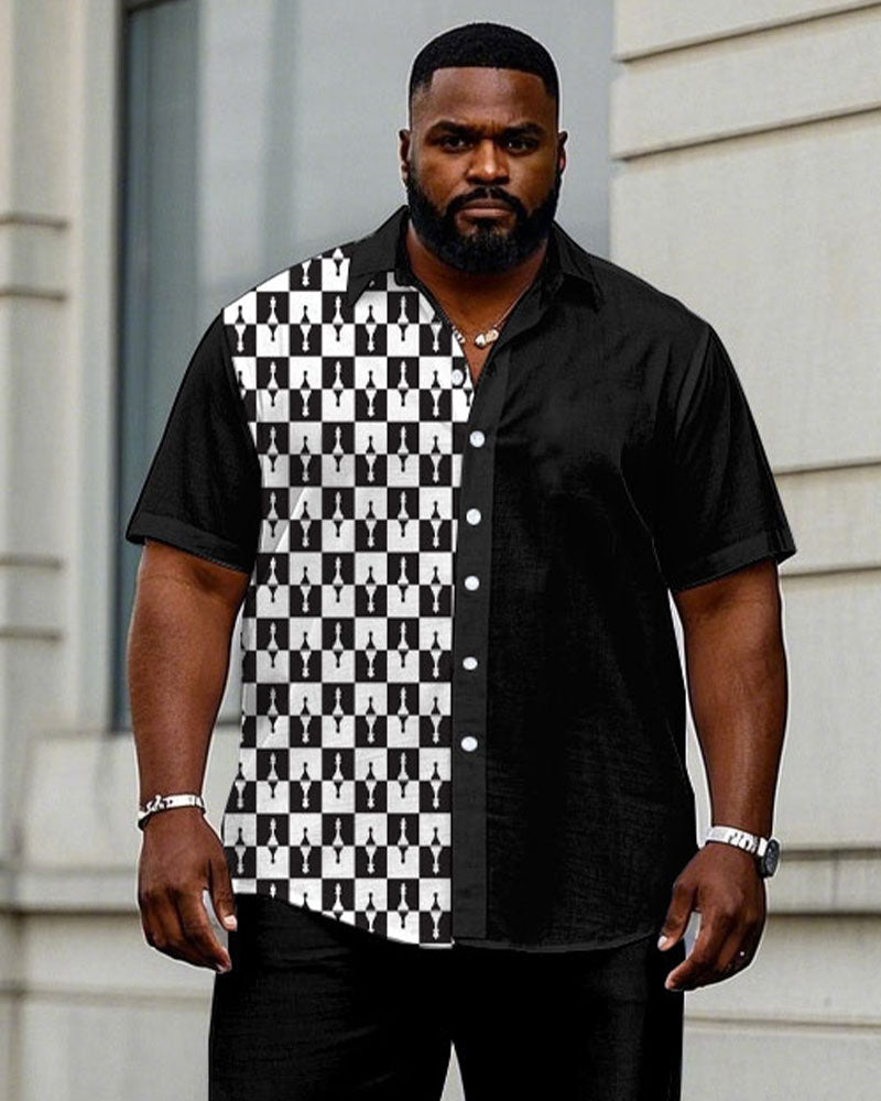 Men's Plus Size Business Simple Black & White Stitching Short Sleeve Shirt Trousers Suit