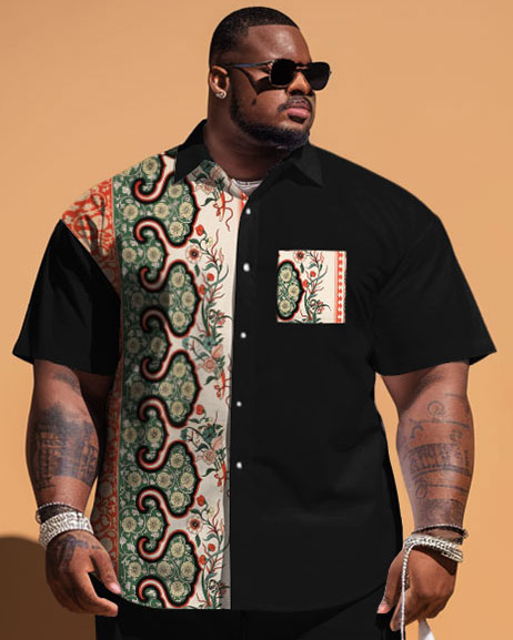 Men's Plus Size Simple Pattern Patchwork Printing Pocket Short-sleeved Shirt Shorts Suit