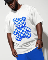 Men's Plus Size Blue Checkerboard Pixel Bear Print Short Sleeve T-Shirt Shorts Suit