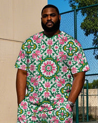 Men's Casual Vintage Floral Folk Printed Big & Tall Short Sleeve T-shirt Pants 2-piece Set