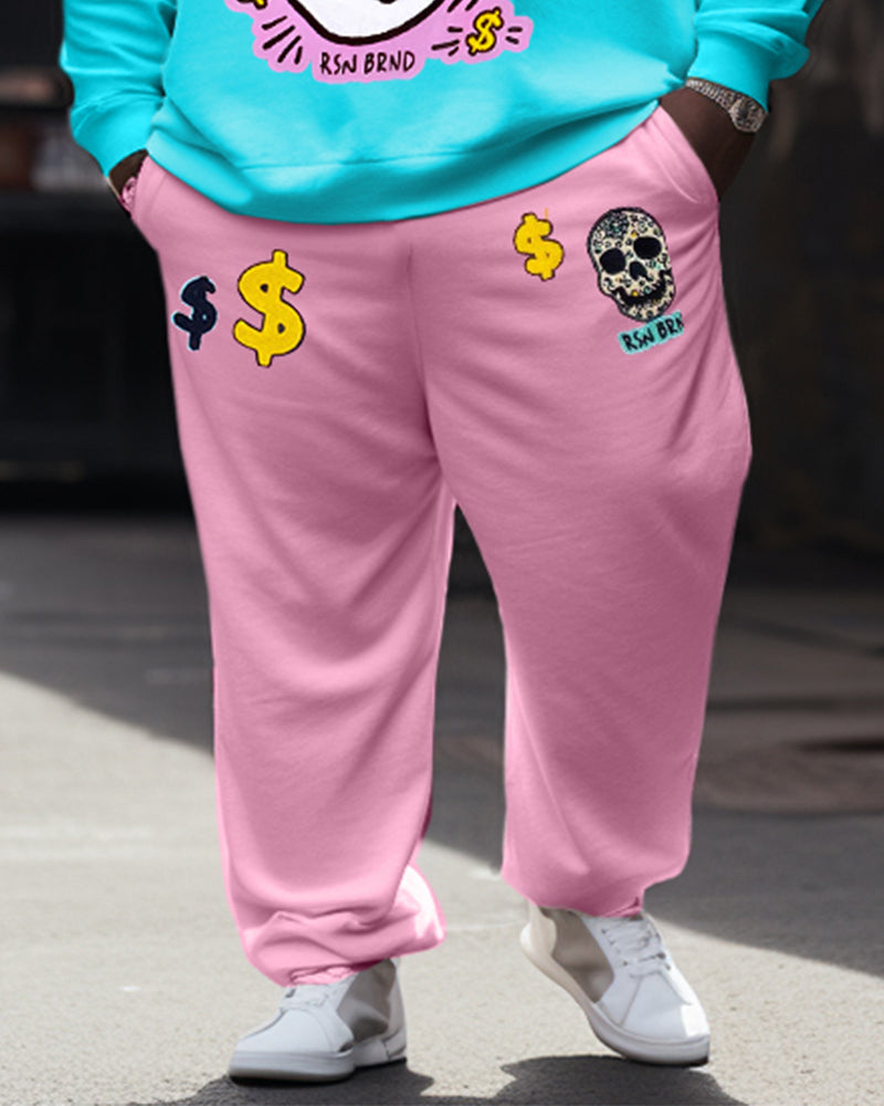 Men's Big and Tall Casual Hip Hop Blue Pink Skull Hoodie Two-Piece Set