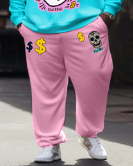 Men's Big and Tall Casual Hip Hop Blue Pink Skull Hoodie Two-Piece Set
