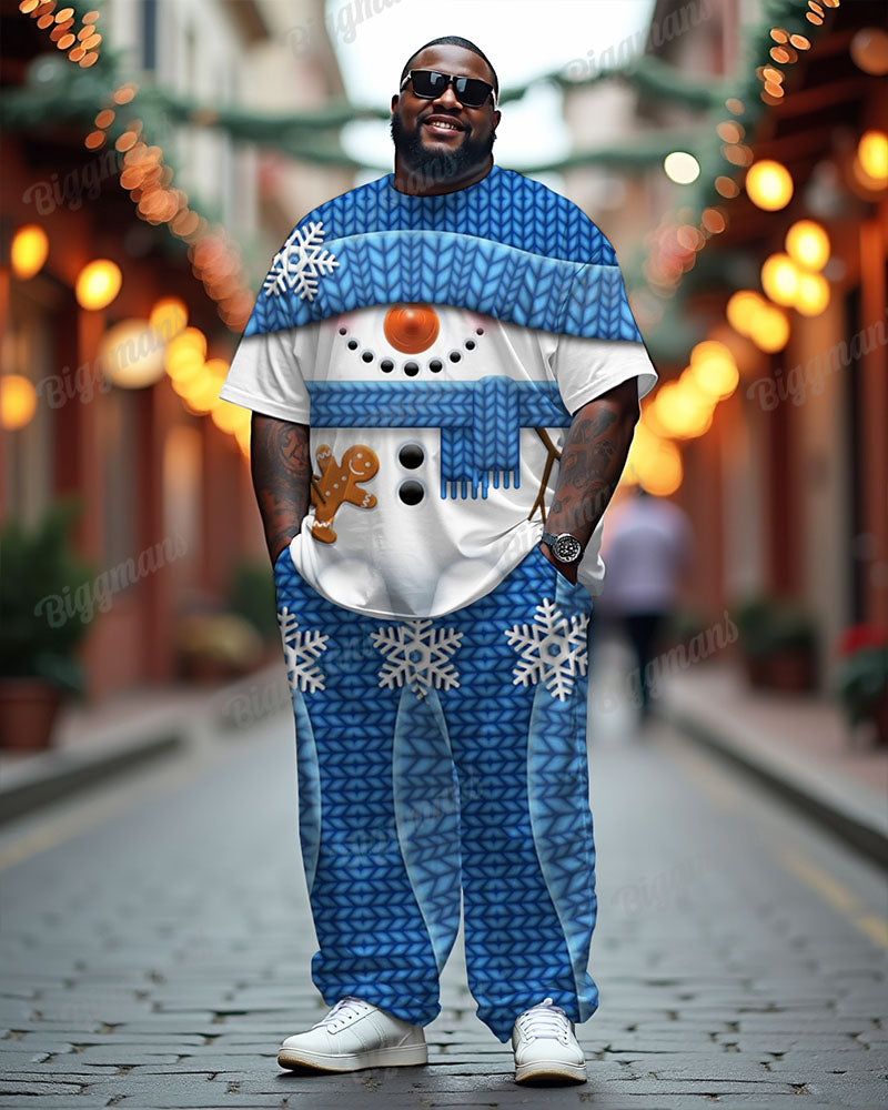 Men's Plus Size Blue Snowman Gingerbread Man Print T-Shirt Trousers Suit