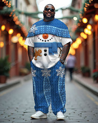 Men's Plus Size Blue Snowman Gingerbread Man Print T-Shirt Trousers Suit