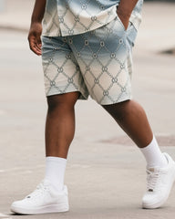 Big & Tall Men's Street Fashion Daily Casual Gradient Triangle Chain Lock Pattern Shirt Shorts Suit