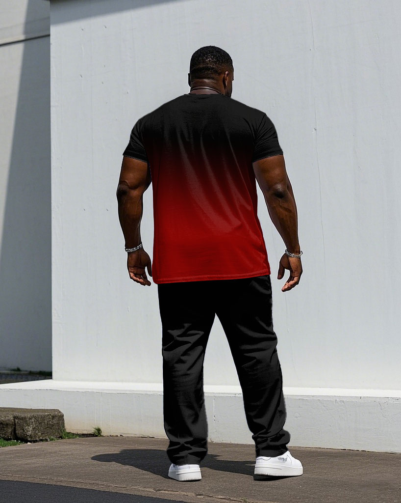 Men's Plus Size Red & Black Gradient Chest "king" Slogan Printed Short Sleeve T-shirt Pants Suit