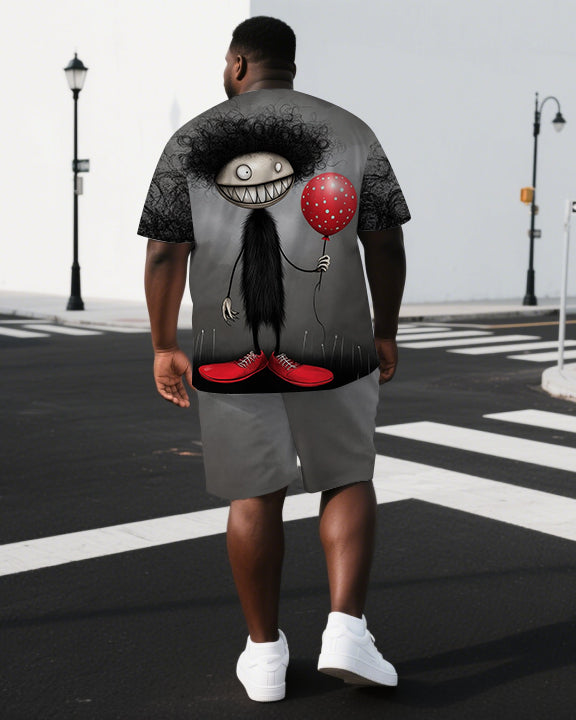 Men's Casual Fun Balloon Boy Illustration Back Print Big & Tall Short-Sleeve T-shirt Shorts Set