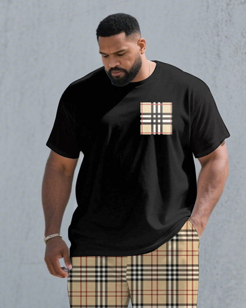 Men's Plus Size Black & Khaki Plaid Chest Pocket Printed Short-sleeved T-shirt Trousers Suit