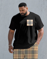Men's Plus Size Black & Khaki Plaid Chest Pocket Printed Short-sleeved T-shirt Trousers Suit