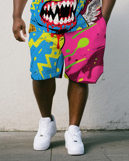 Big & Tall Man's Fierce Cartoon Bear Ink Splash Printed Short-Sleeve Polo Shirt & Shorts Set