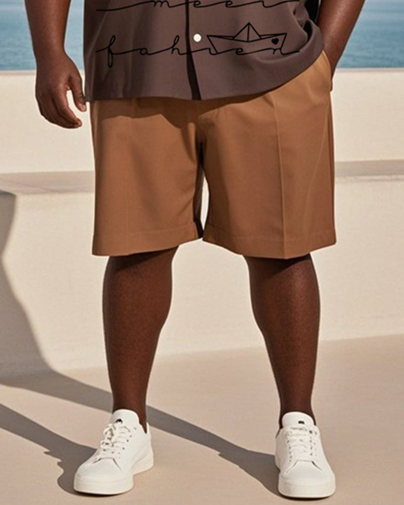 Big & Tall Men's Hawaiian Vacation Brown Gradient Line Sailing Print Pocket Shirt Shorts Suit