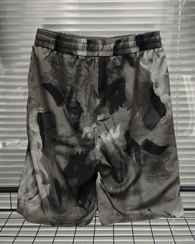 M-3XL Daily Casual L Gray Green Abstract Brush Print Shorts Suit