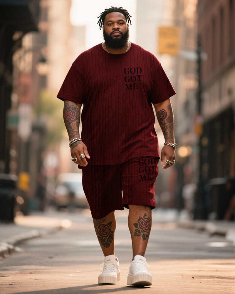 Big & Tall Men's Wine Red Simple Letter Twist Knit Crew Neck Short Sleeve T-shirt Shorts Suit