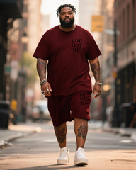 Big & Tall Men's Wine Red Simple Letter Twist Knit Crew Neck Short Sleeve T-shirt Shorts Suit