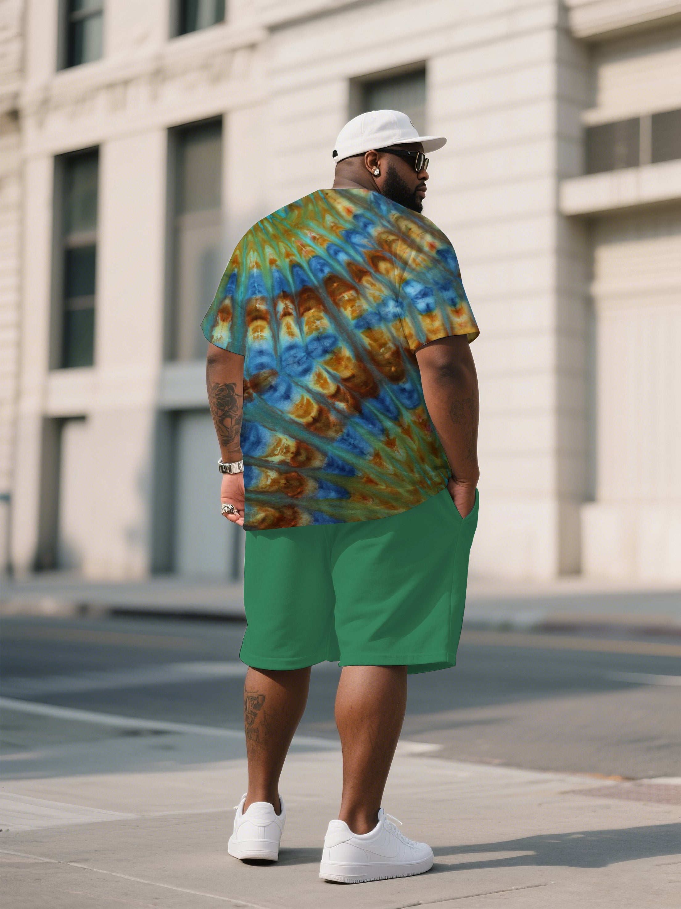 Men's Plus Size Tie-Dye Basal Nebula Double Scalloped Folding Round Neck T-Shirt Shorts Suit