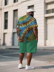 Men's Plus Size Tie-Dye Basal Nebula Double Scalloped Folding Round Neck T-Shirt Shorts Suit
