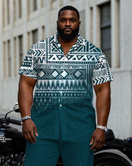 Men's Plus Size Green Gradient Ethnic Pattern Short Sleeve Shirt Trousers Suit