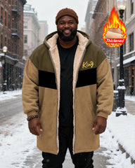 Big & Tall Men's Army Green Color Patchwork King Printed Velvet Thickened Long Hooded Coat