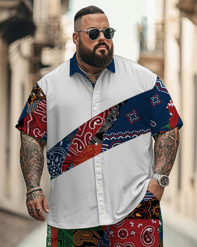 Men's Plus Size Street Fashion Paisley Colorblock Print Shirt Shorts Suit