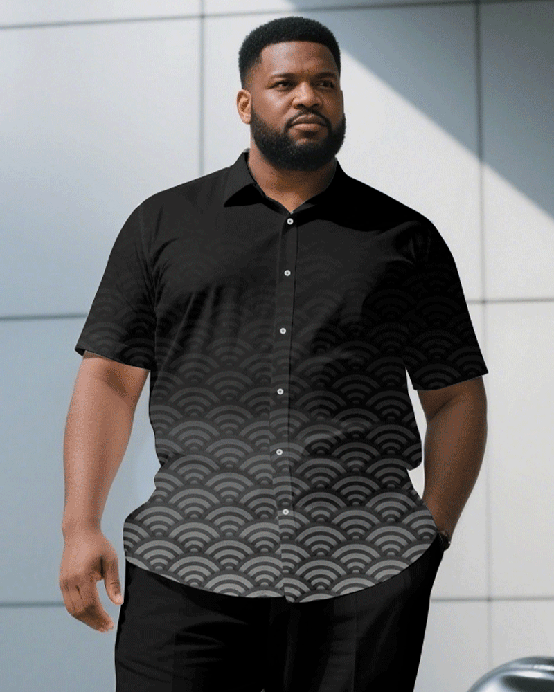 Big & Tall Men's Business Gradient Geometric Black Short Sleeve Shirt Trousers Suit