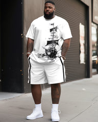 Simple Pen And Ink Sailboat Print T-shirt Shorts Suit Men's Plus Size